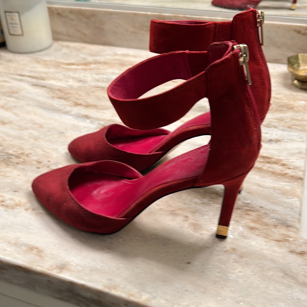 Calvin Klein red suede pumps with back zipper, ankle strap